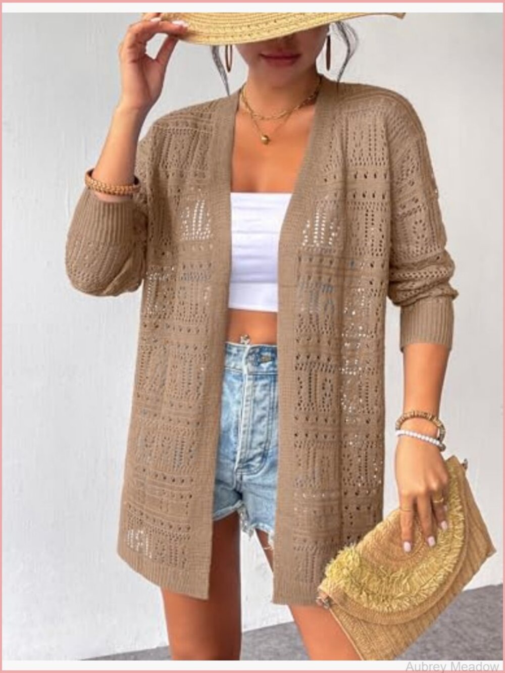 Crochet Knit Cardigan Lightweight Boho Long Sleeve Open Front - Picture 2 of 7